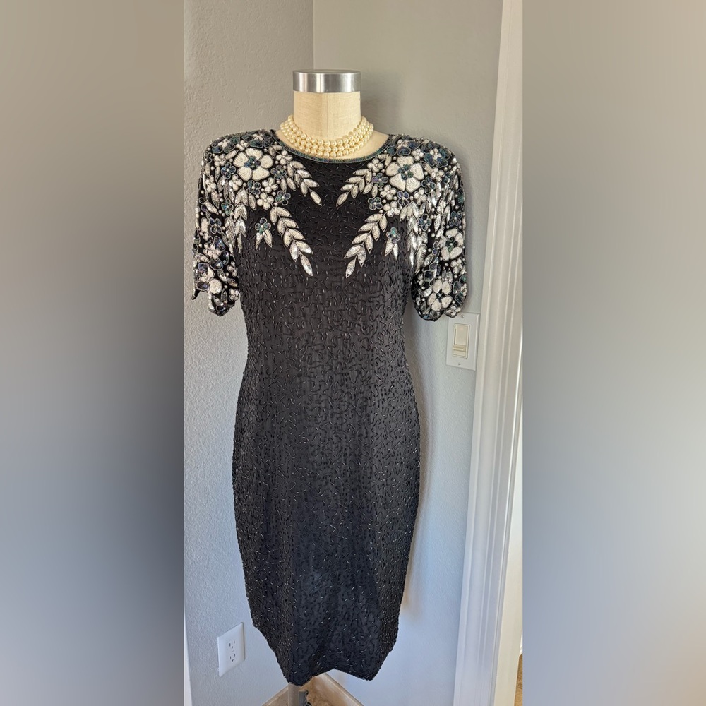 100% Silk Stenay Heavily Beaded Sequin Dress Keyhole Back